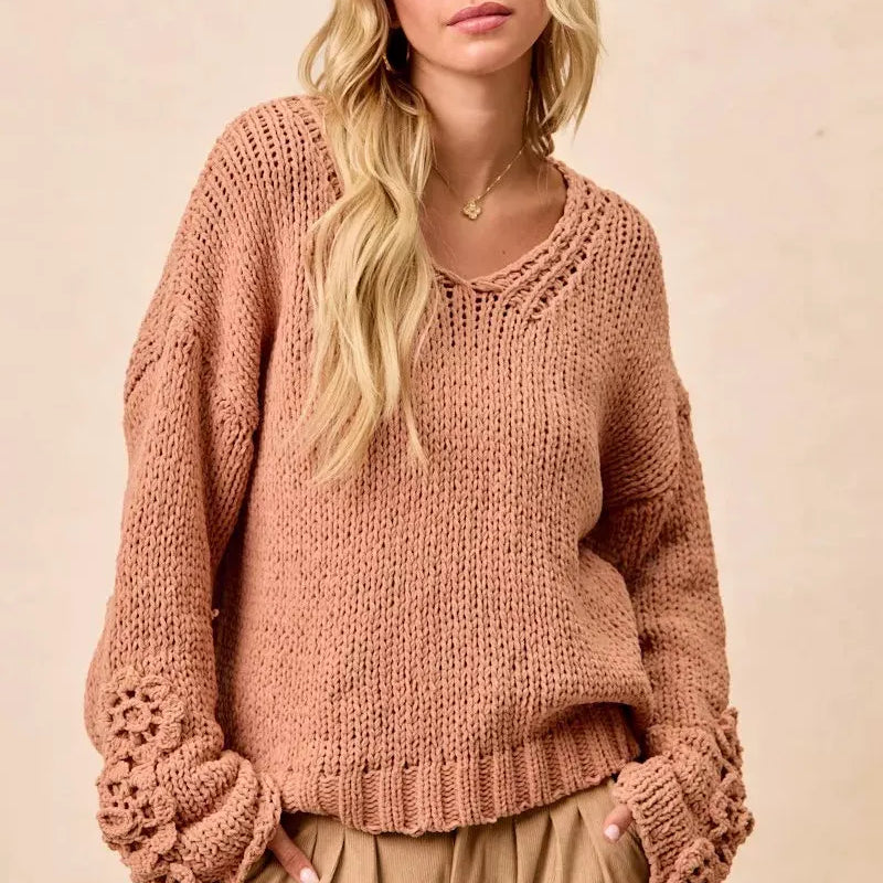 BiBi Petal Purl Chunky Knit Sweater with Flower Detail Sleeves-Women's Shirts & Tops-Shop Z & Joxa