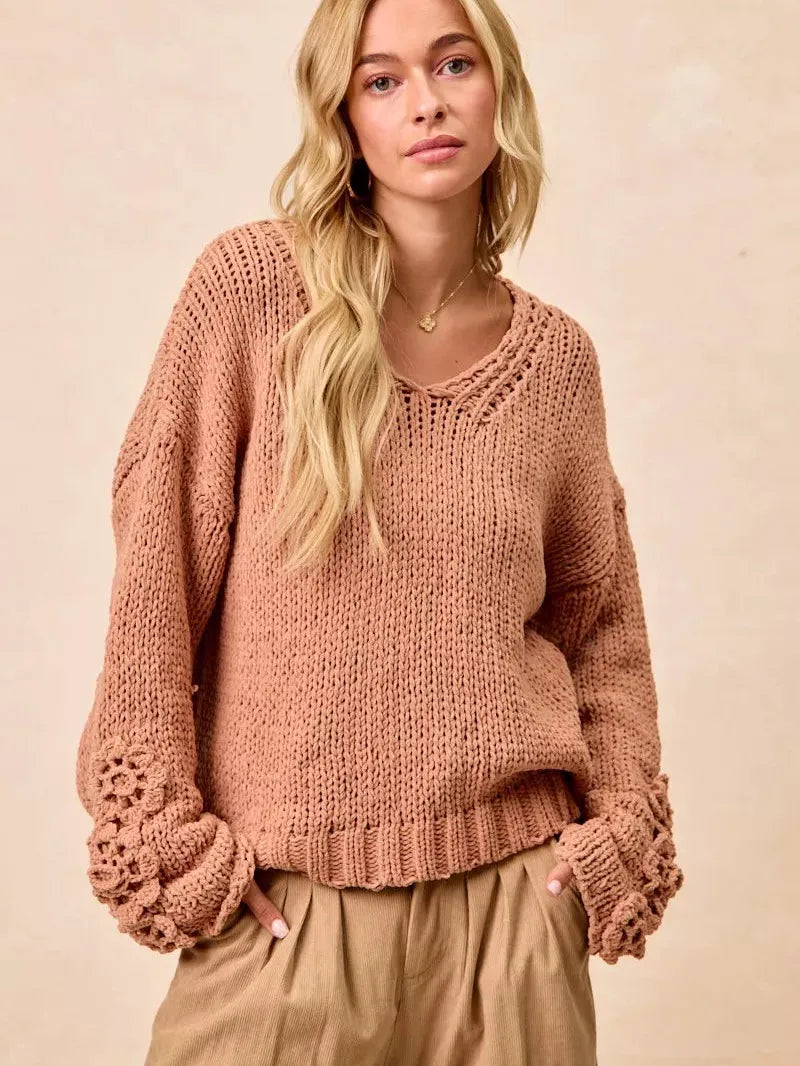 BiBi Petal Purl Chunky Knit Sweater with Flower Detail Sleeves-Women's Shirts & Tops-Shop Z & Joxa