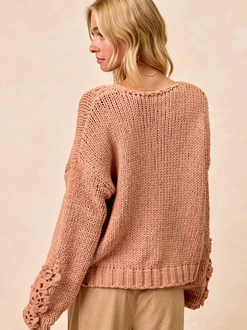BiBi Petal Purl Chunky Knit Sweater with Flower Detail Sleeves-Women's Shirts & Tops-Shop Z & Joxa