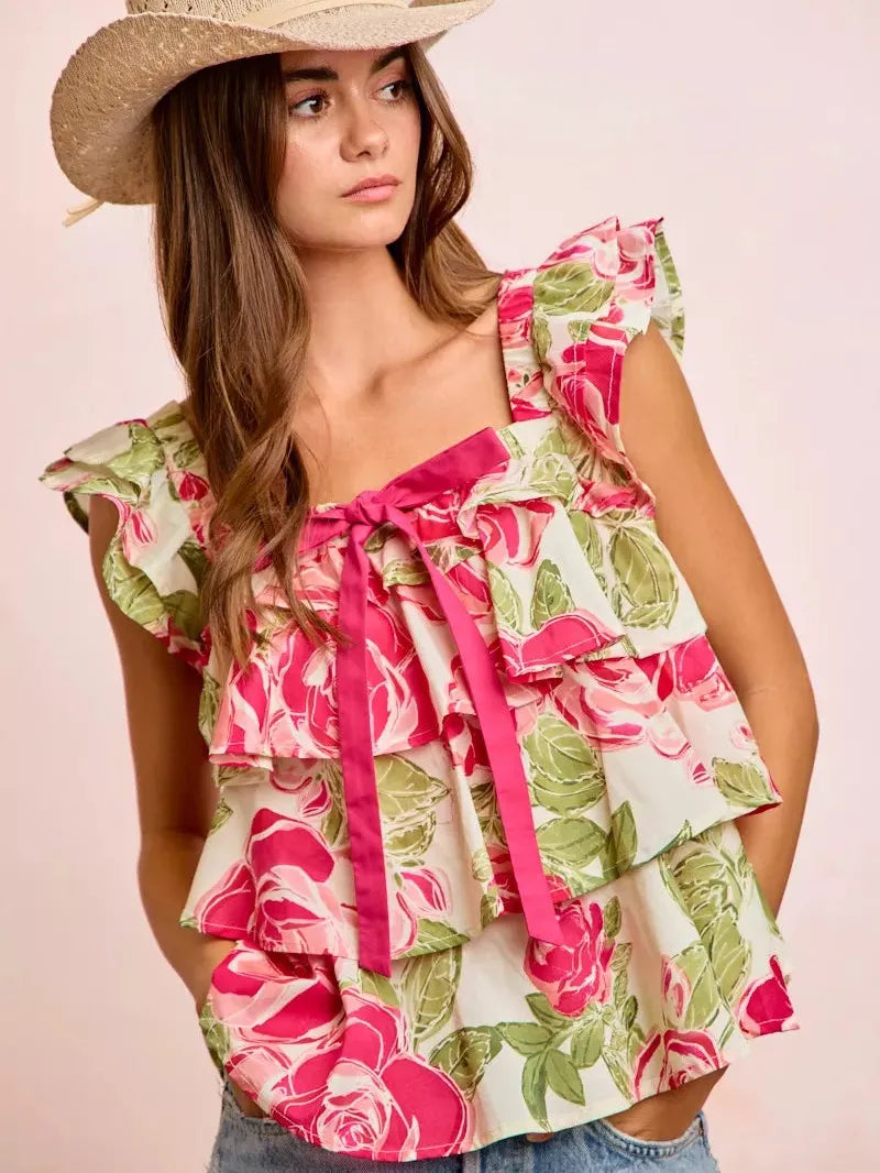 BiBi Petal Pushing Square Neck Floral Ruffle Top with Bows-Women's Shirts & Tops-Shop Z & Joxa