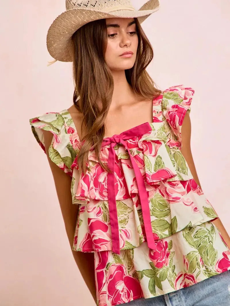 BiBi Petal Pushing Square Neck Floral Ruffle Top with Bows-Women's Shirts & Tops-Shop Z & Joxa