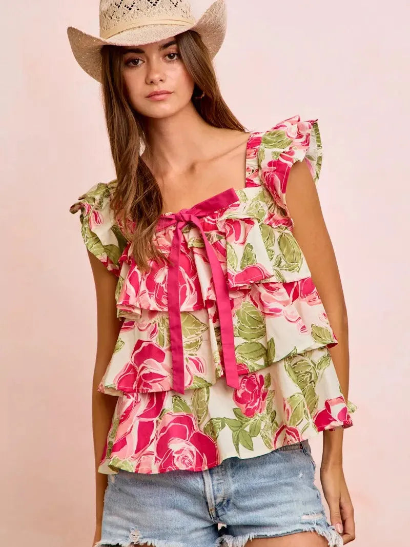 BiBi Petal Pushing Square Neck Floral Ruffle Top with Bows-Women's Shirts & Tops-Shop Z & Joxa