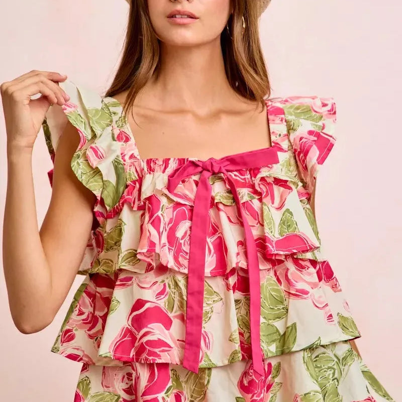 BiBi Petal Pushing Square Neck Floral Ruffle Top with Bows-Women's Shirts & Tops-Shop Z & Joxa