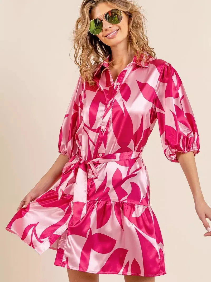 BiBi Pink Leaf Collared Satin Mini Dress-Women's Dresses-Shop Z & Joxa