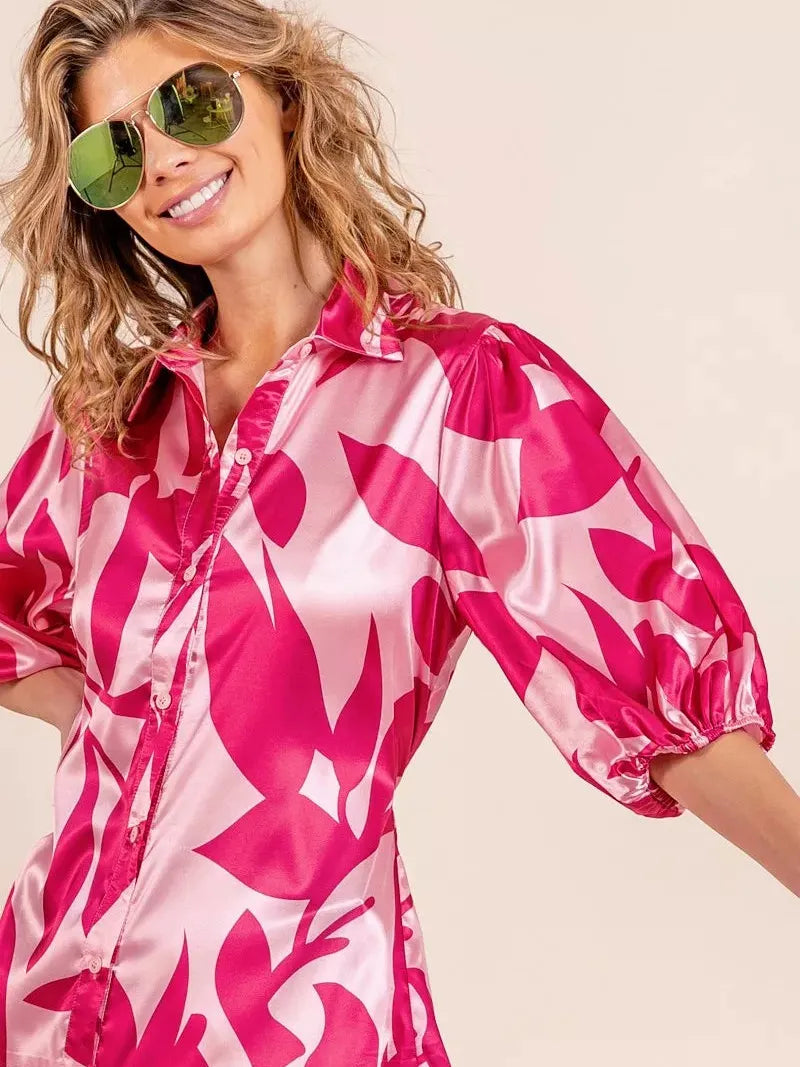 BiBi Pink Leaf Collared Satin Mini Dress-Women's Dresses-Shop Z & Joxa