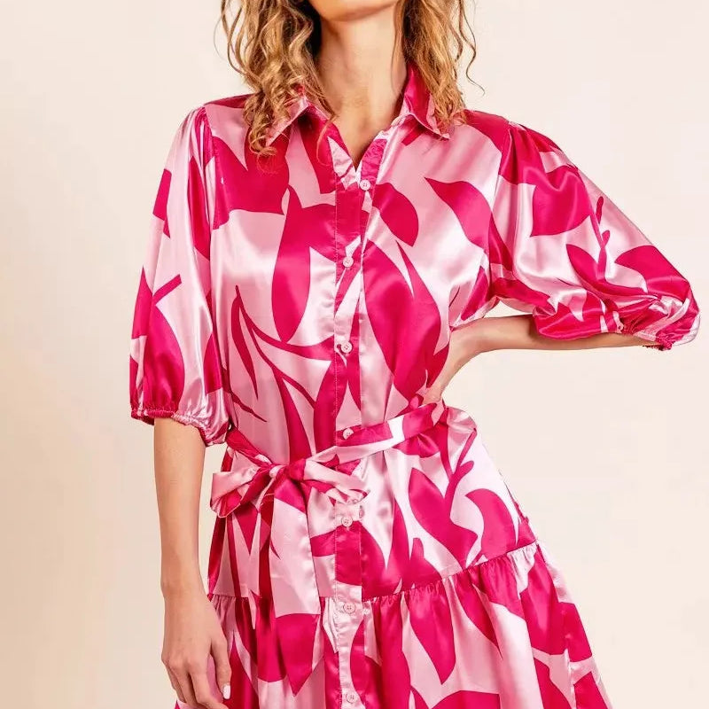 BiBi Pink Leaf Collared Satin Mini Dress-Women's Dresses-Shop Z & Joxa