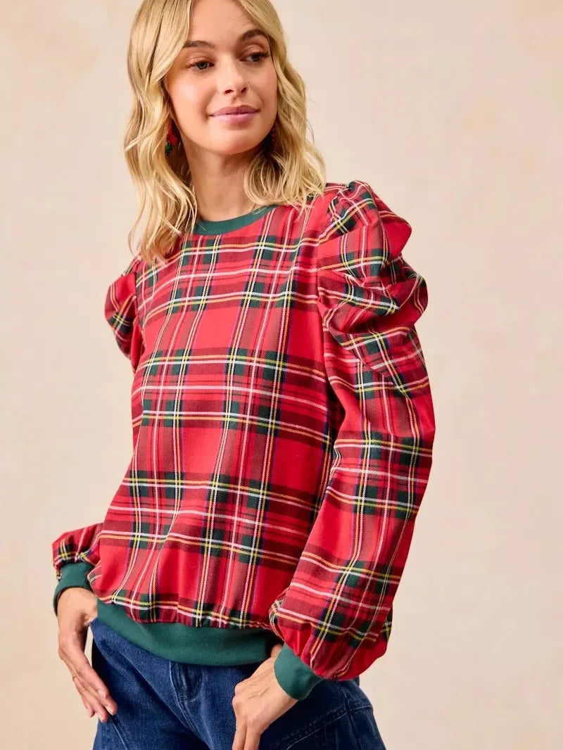 BiBi Plaid Tidings Ruffled Shoulder Long Sleeve Festive Top-Women's Shirts & Tops-Shop Z & Joxa