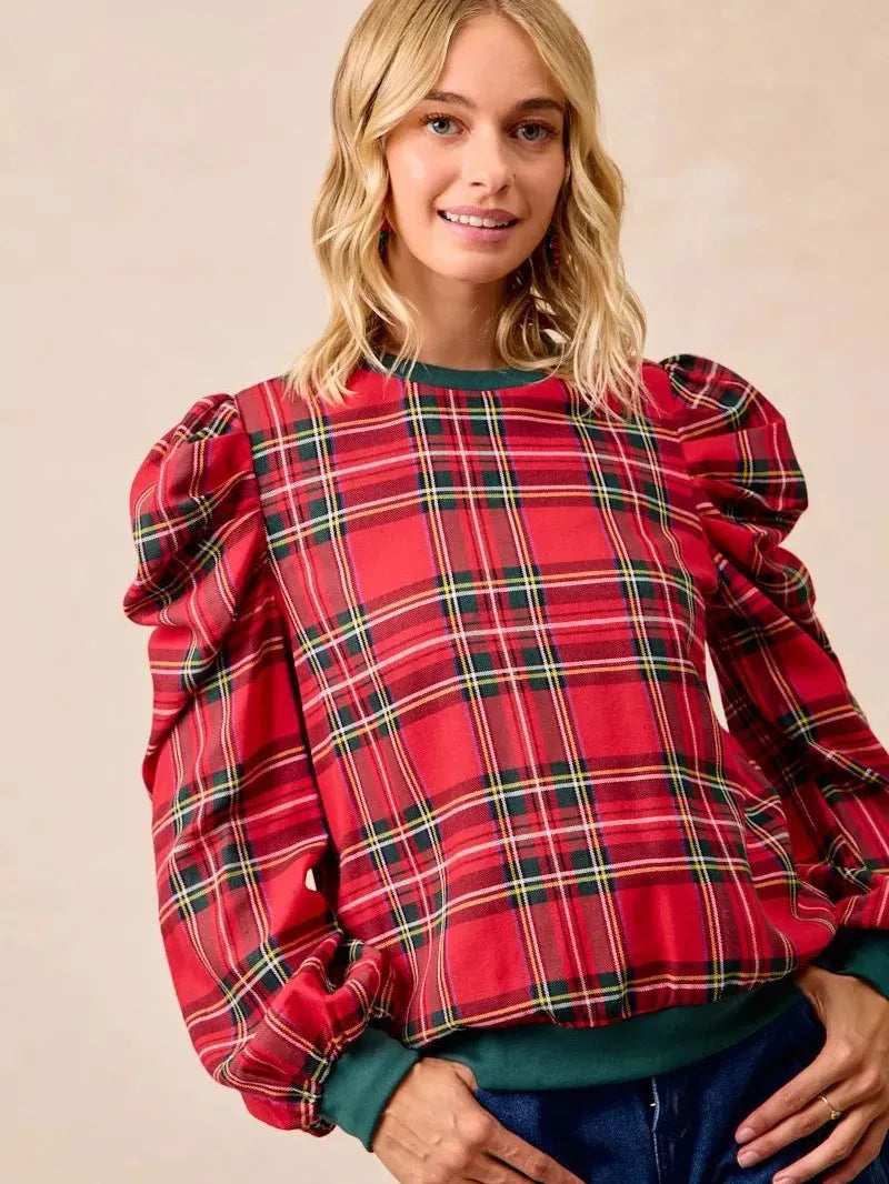 BiBi Plaid Tidings Ruffled Shoulder Long Sleeve Festive Top-Women's Shirts & Tops-Shop Z & Joxa