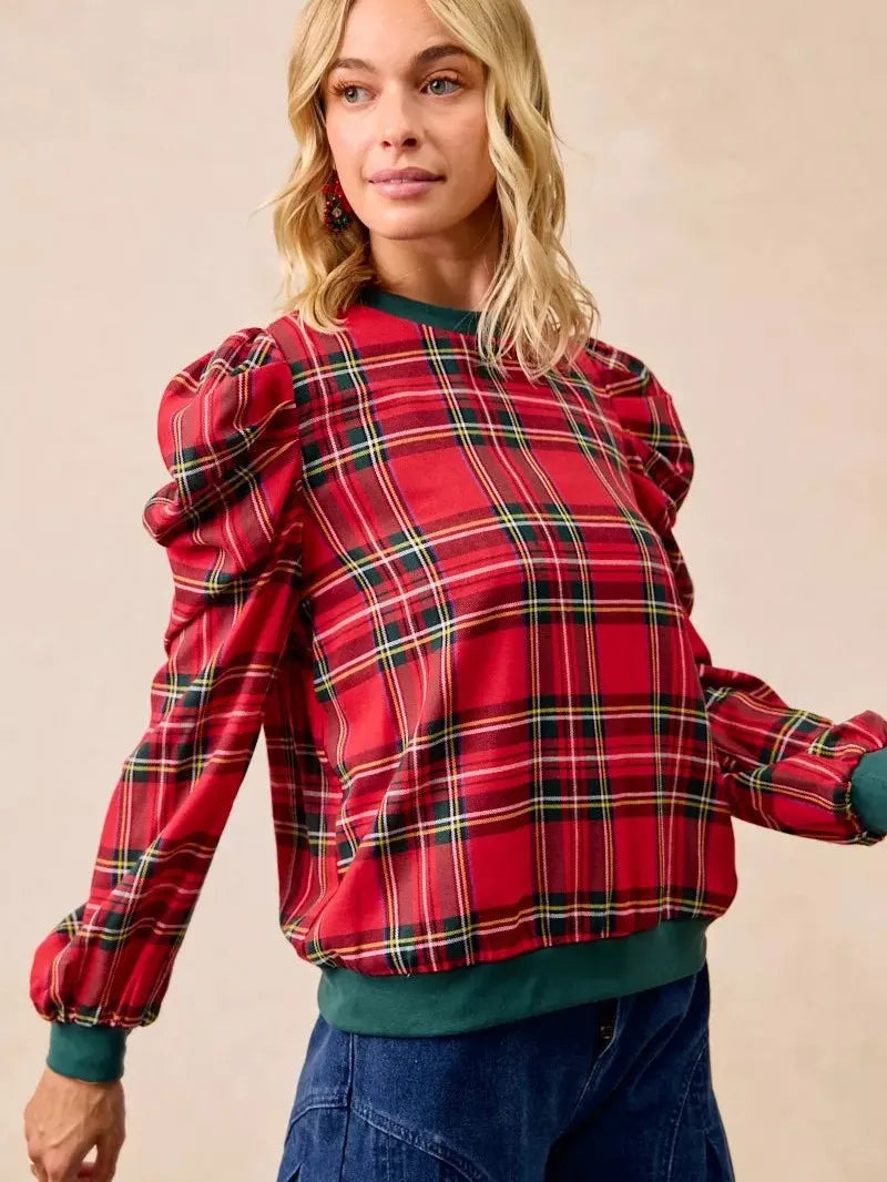 BiBi Plaid Tidings Ruffled Shoulder Long Sleeve Festive Top-Women's Shirts & Tops-Shop Z & Joxa