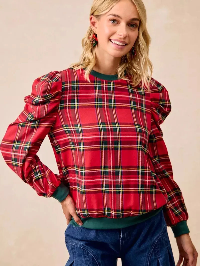 BiBi Plaid Tidings Ruffled Shoulder Long Sleeve Festive Top-Women's Shirts & Tops-Shop Z & Joxa