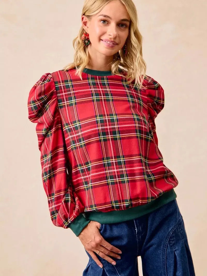 BiBi Plaid Tidings Ruffled Shoulder Long Sleeve Festive Top-Women's Shirts & Tops-Shop Z & Joxa