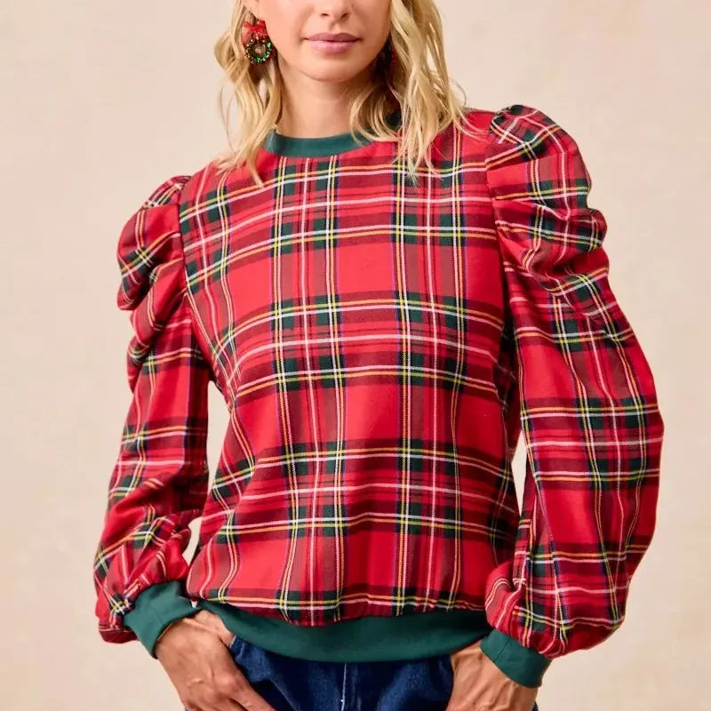 BiBi Plaid Tidings Ruffled Shoulder Long Sleeve Festive Top-Women's Shirts & Tops-Shop Z & Joxa