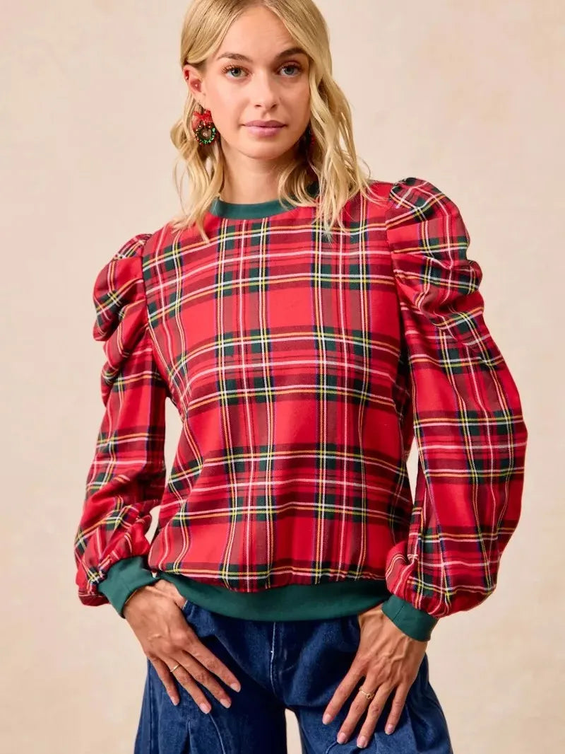 BiBi Plaid Tidings Ruffled Shoulder Long Sleeve Festive Top-Women's Shirts & Tops-Shop Z & Joxa