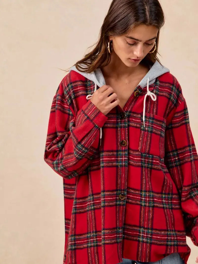 BiBi Plaiditude Brushed Red Plaid Hooded Shacket-Women's Outerwear-Shop Z & Joxa