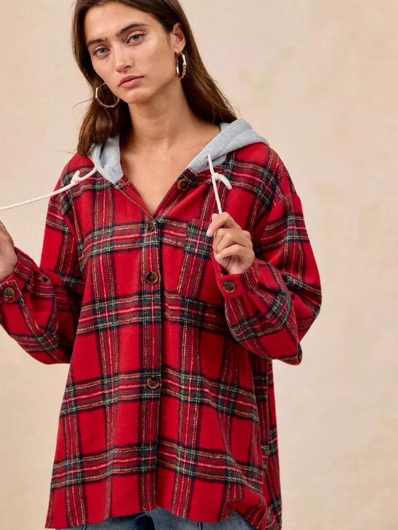 BiBi Plaiditude Brushed Red Plaid Hooded Shacket-Women's Outerwear-Shop Z & Joxa