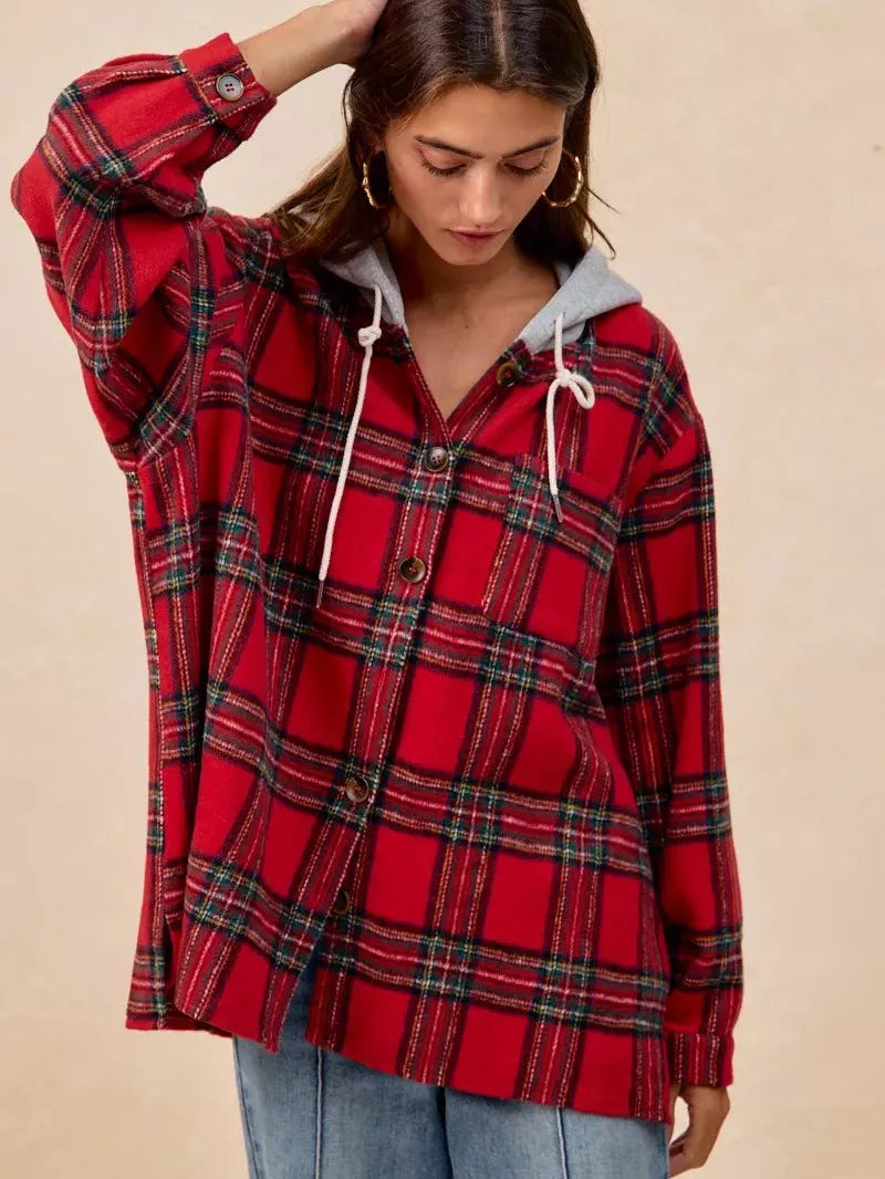 BiBi Plaiditude Brushed Red Plaid Hooded Shacket-Women's Outerwear-Shop Z & Joxa