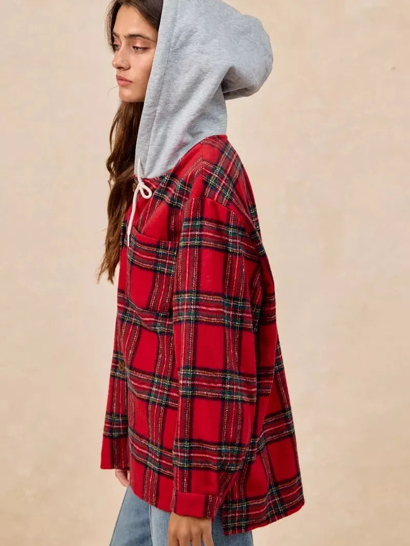 BiBi Plaiditude Brushed Red Plaid Hooded Shacket-Women's Outerwear-Shop Z & Joxa