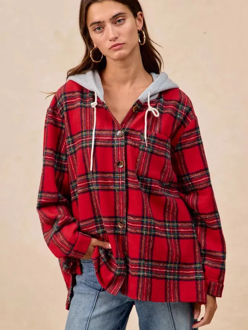 BiBi Plaiditude Brushed Red Plaid Hooded Shacket-Women's Outerwear-Shop Z & Joxa