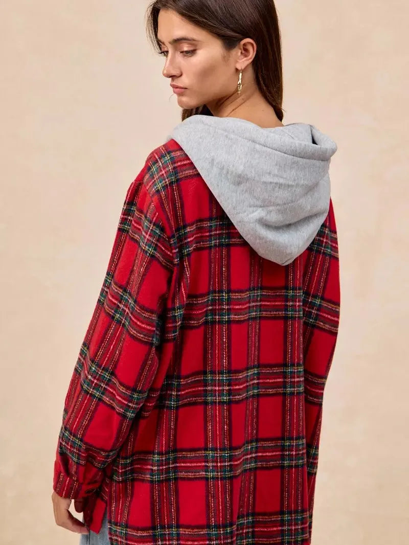 BiBi Plaiditude Brushed Red Plaid Hooded Shacket-Women's Outerwear-Shop Z & Joxa