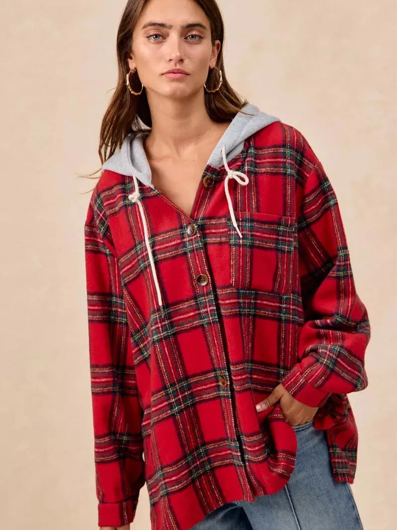 BiBi Plaiditude Brushed Red Plaid Hooded Shacket-Women's Outerwear-Shop Z & Joxa