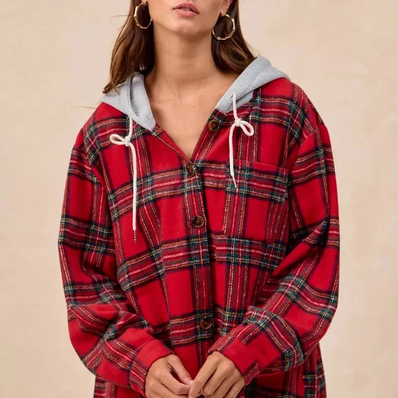 BiBi Plaiditude Brushed Red Plaid Hooded Shacket-Women's Outerwear-Shop Z & Joxa