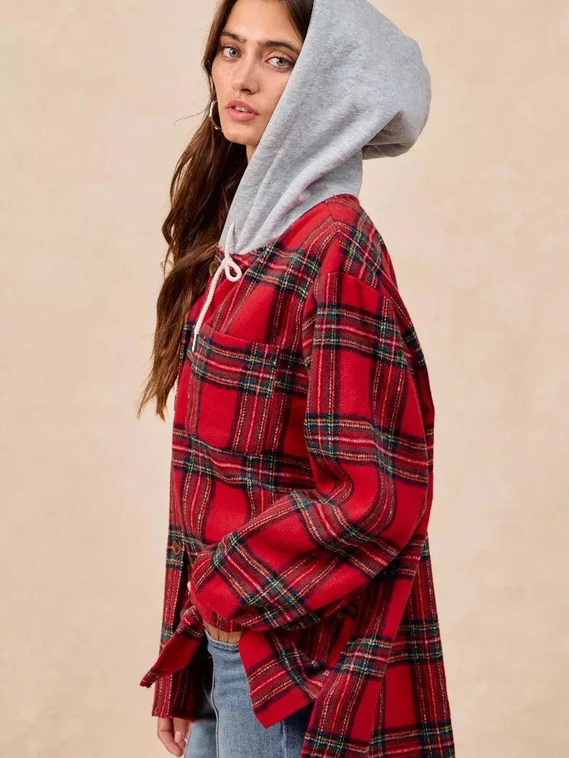 BiBi Plaiditude Brushed Red Plaid Hooded Shacket-Women's Outerwear-Shop Z & Joxa