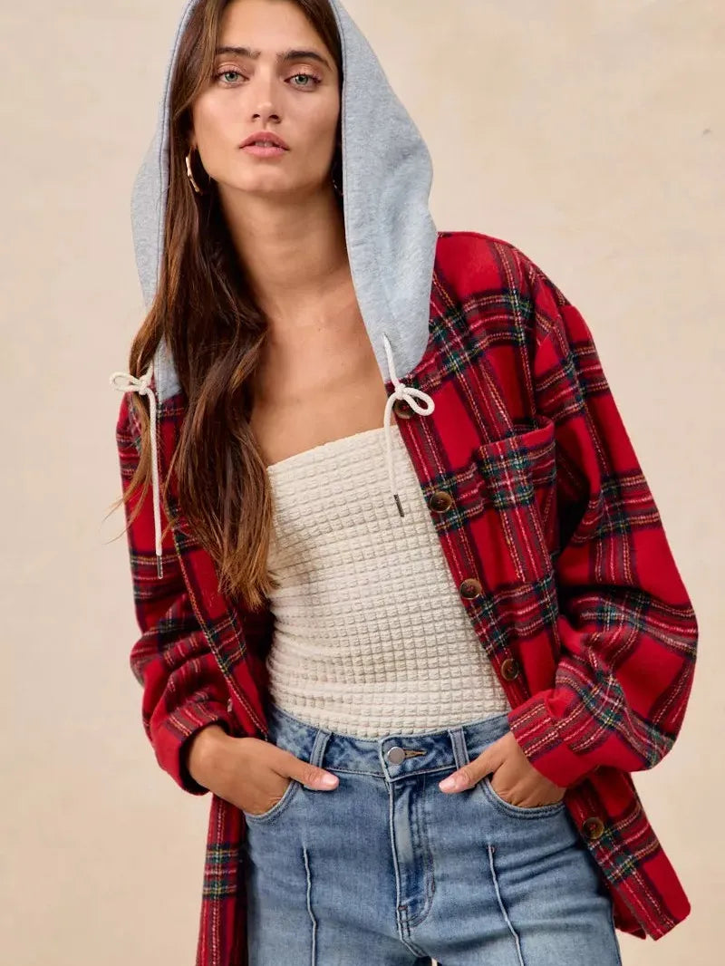 BiBi Plaiditude Brushed Red Plaid Hooded Shacket-Women's Outerwear-Shop Z & Joxa