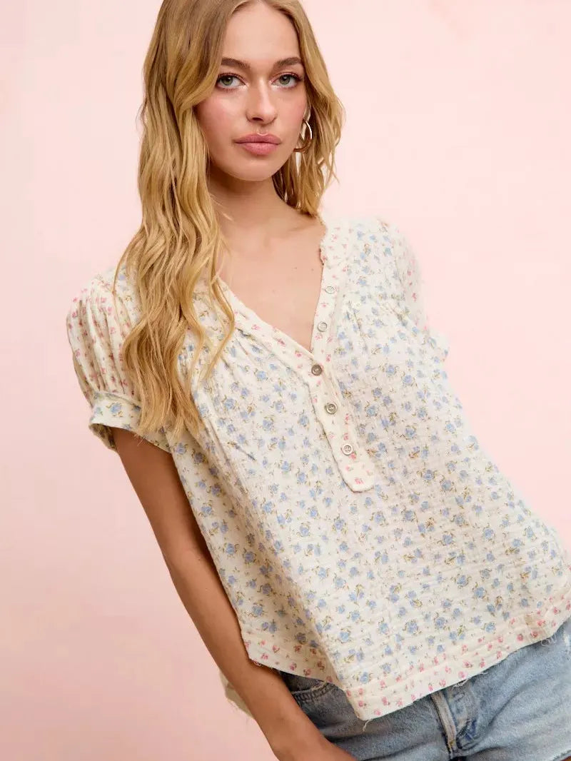 BiBi Red White and Bloom Crinkle Neckdrop Short Sleeve Top-Women's Shirts & Tops-Shop Z & Joxa