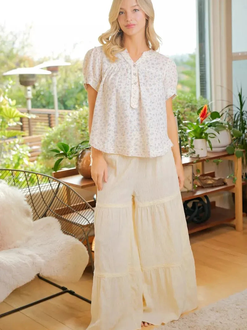 BiBi Red White and Bloom Crinkle Neckdrop Short Sleeve Top-Women's Shirts & Tops-Shop Z & Joxa