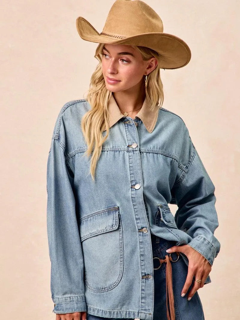 BiBi Retro Drift Washed Denim Jacket with Contrast Collar-Women's Shirts & Tops-Shop Z & Joxa