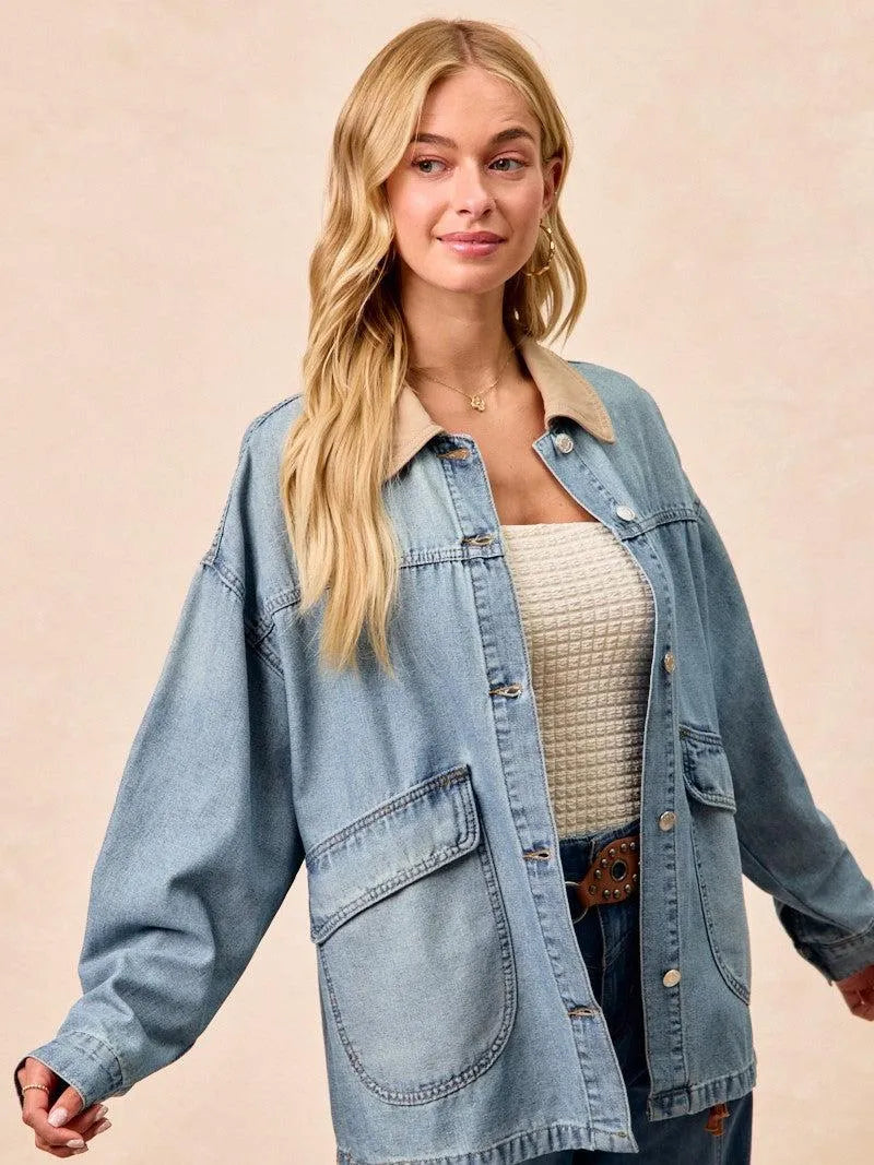 BiBi Retro Drift Washed Denim Jacket with Contrast Collar-Women's Shirts & Tops-Shop Z & Joxa