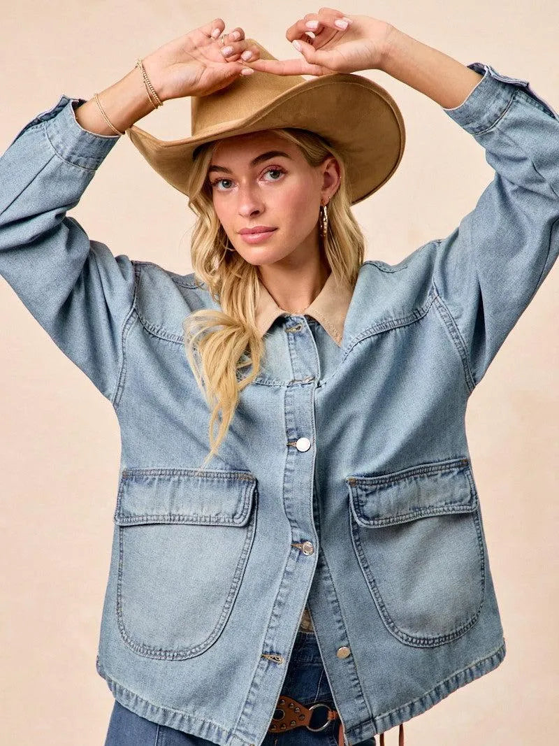 BiBi Retro Drift Washed Denim Jacket with Contrast Collar-Women's Shirts & Tops-Shop Z & Joxa