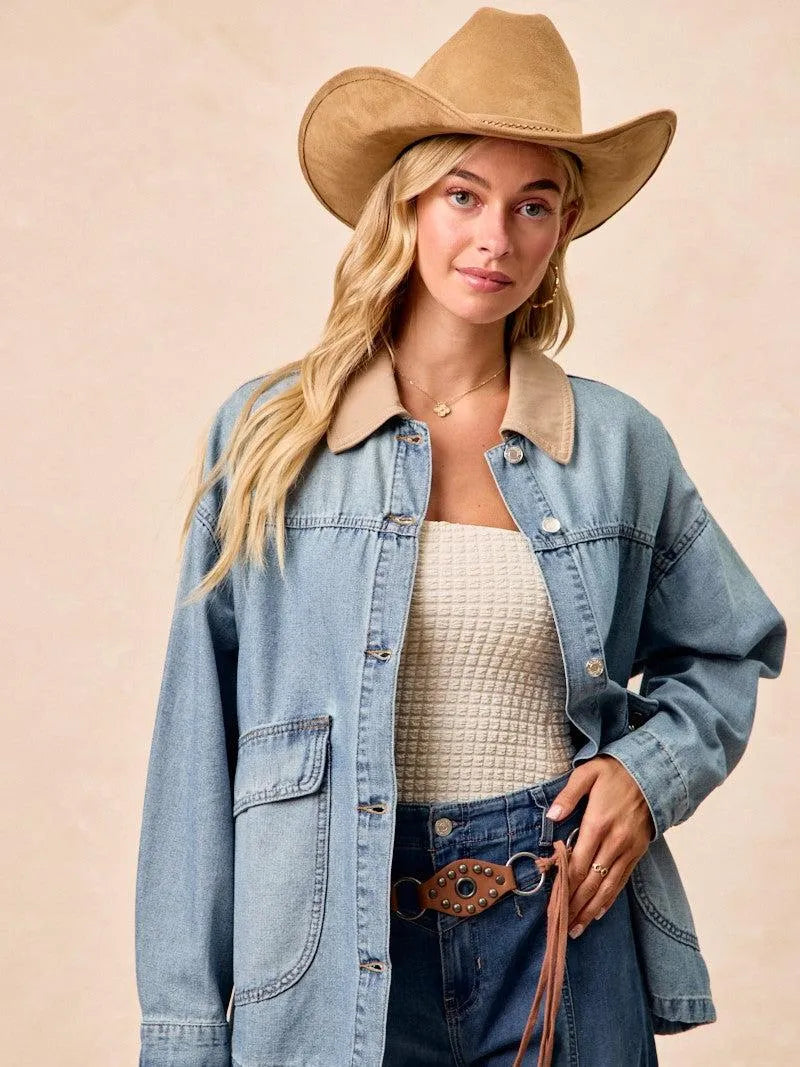 BiBi Retro Drift Washed Denim Jacket with Contrast Collar-Women's Shirts & Tops-Shop Z & Joxa