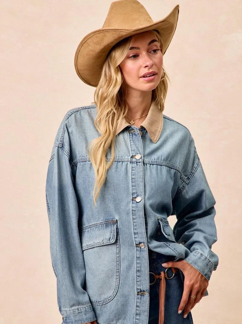 BiBi Retro Drift Washed Denim Jacket with Contrast Collar-Women's Shirts & Tops-Shop Z & Joxa