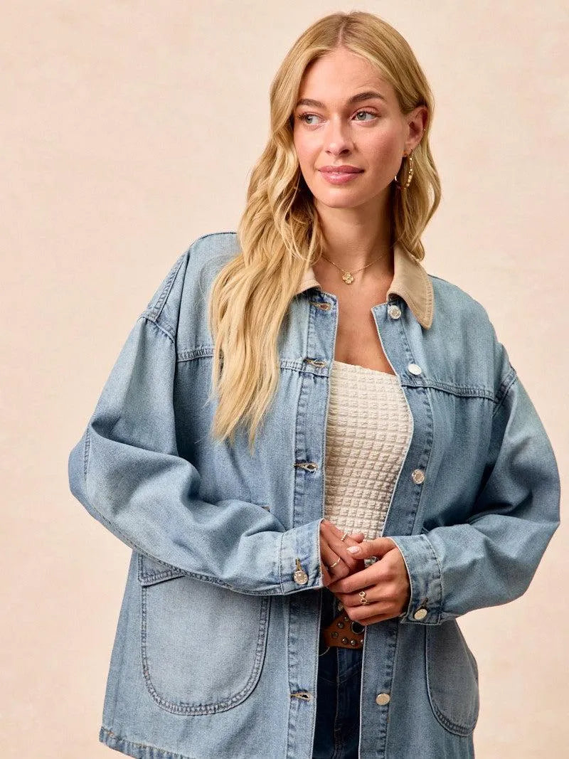 BiBi Retro Drift Washed Denim Jacket with Contrast Collar-Women's Shirts & Tops-Shop Z & Joxa