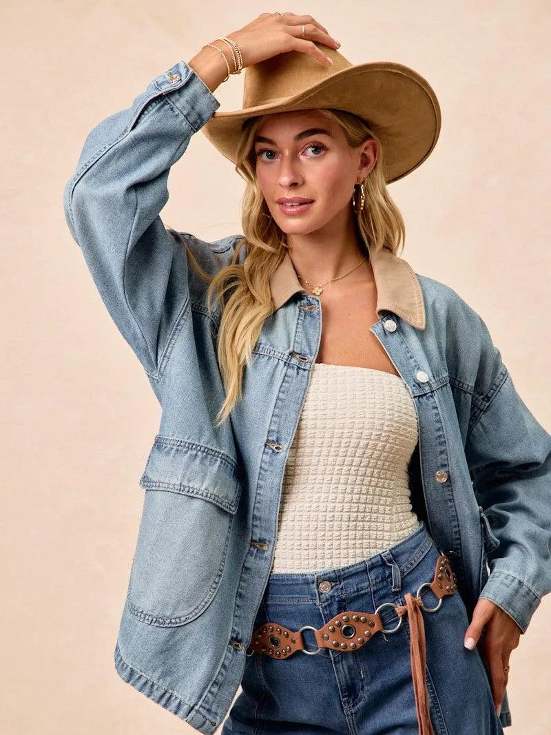 BiBi Retro Drift Washed Denim Jacket with Contrast Collar-Women's Shirts & Tops-Shop Z & Joxa