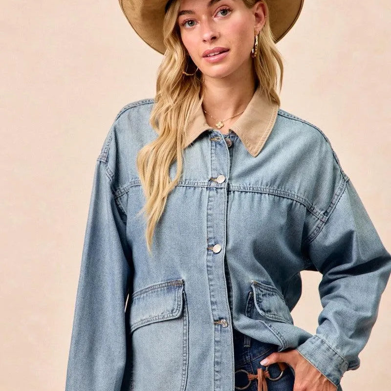 BiBi Retro Drift Washed Denim Jacket with Contrast Collar-Women's Shirts & Tops-Shop Z & Joxa