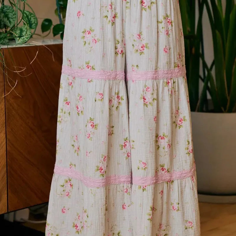 BiBi Rosewater Breeze Printed Gauze Trim Smocked Maxi Pants-Women's Pants-Shop Z & Joxa