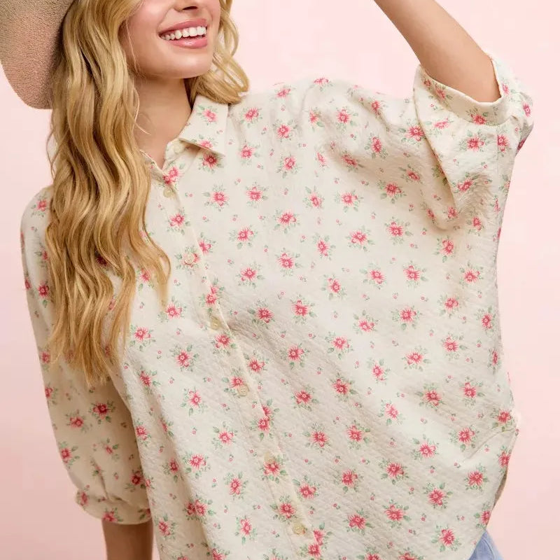 BiBi Rosy and Relaxed Short Sleeve Floral Dolman Blouse Top-Shirts & Tops-Shop Z & Joxa