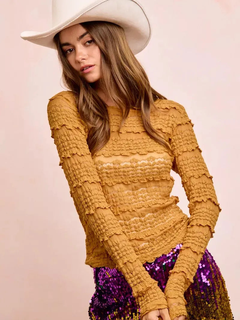 BiBi Ruffle Up Mardi Gras Flower Lace Top in Mustard-Women's Shirts & Tops-Shop Z & Joxa
