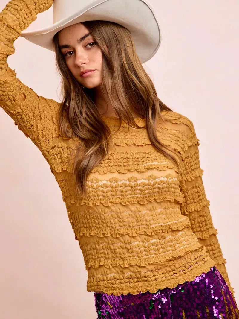 BiBi Ruffle Up Mardi Gras Flower Lace Top in Mustard-Women's Shirts & Tops-Shop Z & Joxa