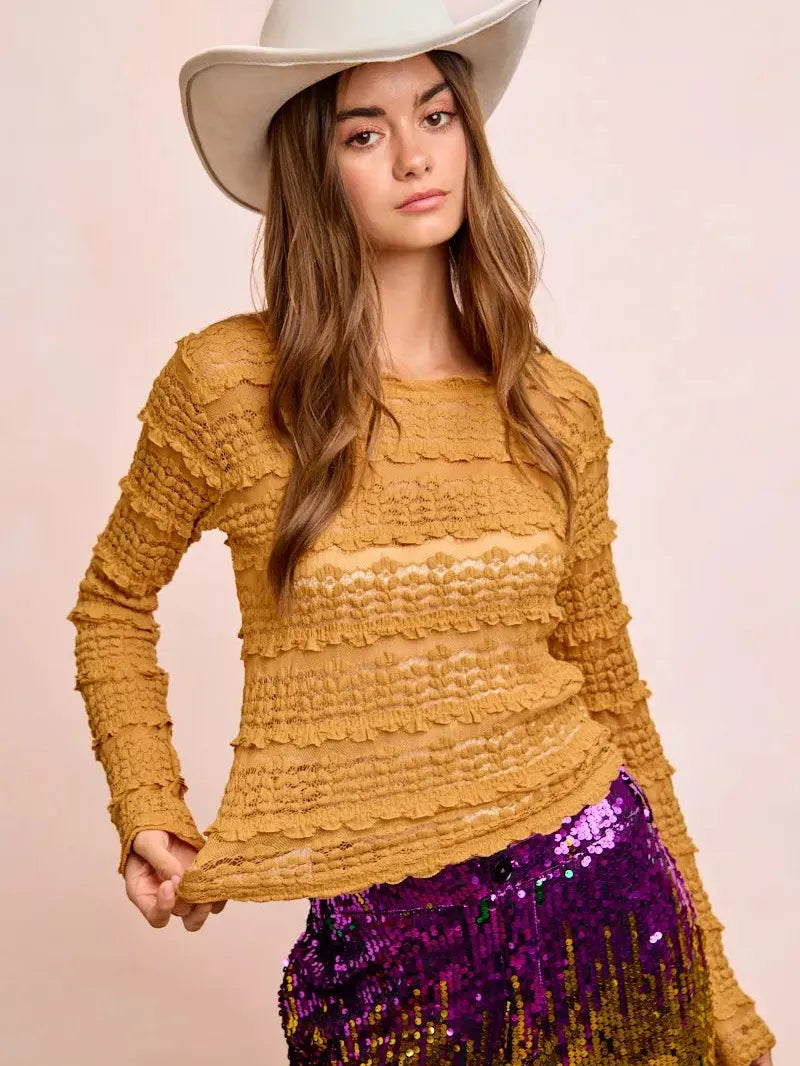 BiBi Ruffle Up Mardi Gras Flower Lace Top in Mustard-Women's Shirts & Tops-Shop Z & Joxa