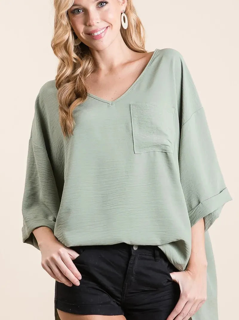 BiBi Sage and Sway Oversized Flowy V-Neck Top-Women's Shirts & Tops-Shop Z & Joxa