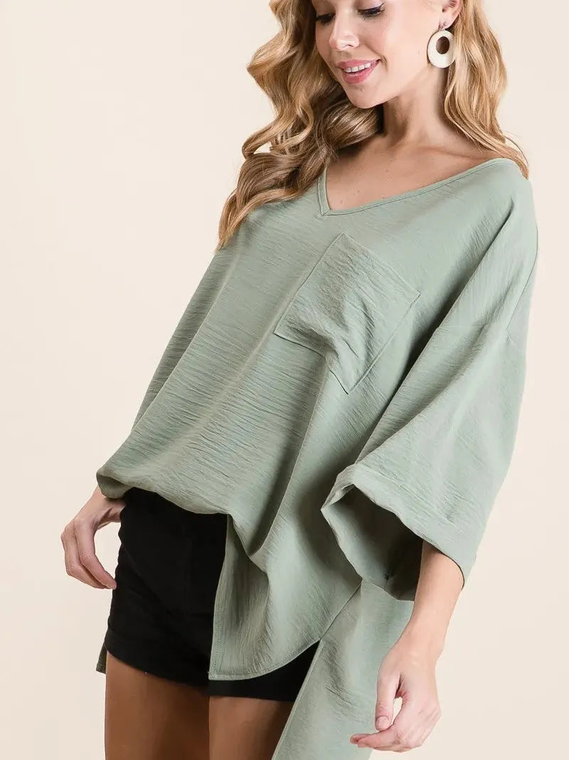 BiBi Sage and Sway Oversized Flowy V-Neck Top-Women's Shirts & Tops-Shop Z & Joxa