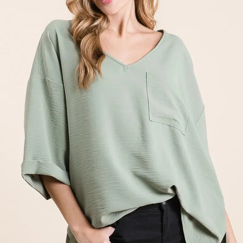 BiBi Sage and Sway Oversized Flowy V-Neck Top-Women's Shirts & Tops-Shop Z & Joxa