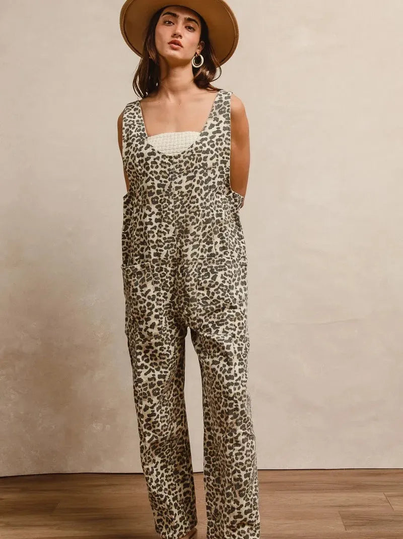 BiBi Sahara Spice Leopard Print Adjustable Strap U-Neck Jumpsuit-Women's Jumpsuits-Shop Z & Joxa
