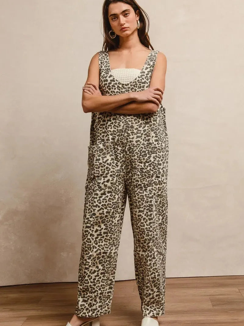 BiBi Sahara Spice Leopard Print Adjustable Strap U-Neck Jumpsuit-Women's Jumpsuits-Shop Z & Joxa