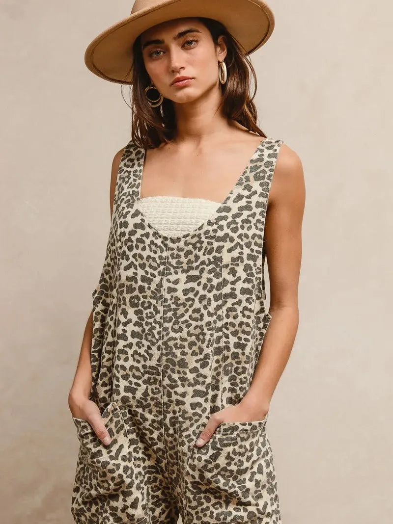 BiBi Sahara Spice Leopard Print Adjustable Strap U-Neck Jumpsuit-Women's Jumpsuits-Shop Z & Joxa