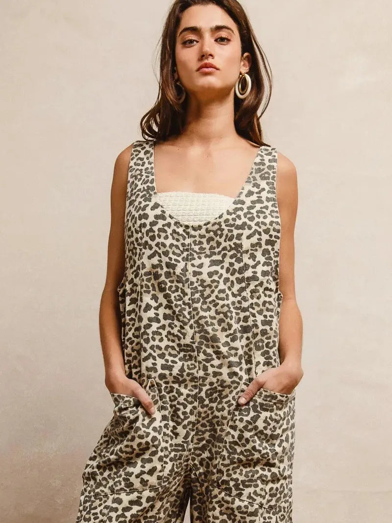 BiBi Sahara Spice Leopard Print Adjustable Strap U-Neck Jumpsuit-Women's Jumpsuits-Shop Z & Joxa