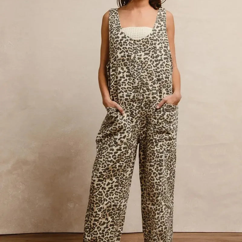 BiBi Sahara Spice Leopard Print Adjustable Strap U-Neck Jumpsuit-Women's Jumpsuits-Shop Z & Joxa